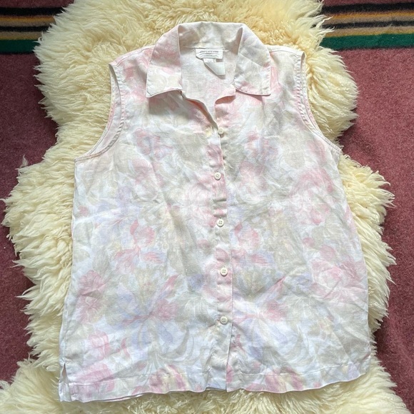 100% linen pastel floral sleeveless top 90s floral - Picture 2 of 5
